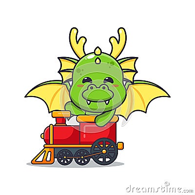 Cute dragon mascot cartoon character ride on train. Vector Illustration