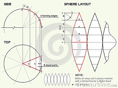 Unfolding 3D ball figure. Descriptive geometry, scheme for sphere layout. Unwrapping globe shape. Vector Vector Illustration