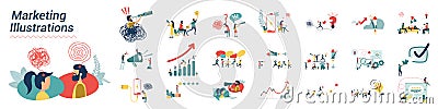 Mega set of Business Marketing illustrations. Collection of scenes with men and women taking part in business activities. Vector Illustration