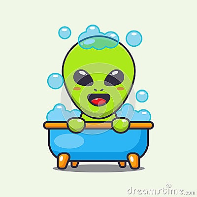 Cute alien taking bubble bath in bathtub cartoon vector illustration. Vector Illustration