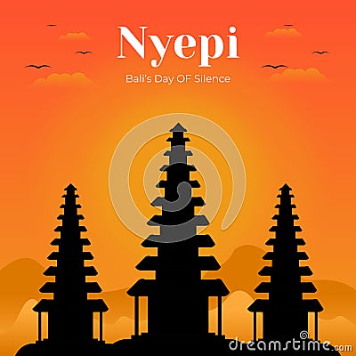 Happy Nyepi day greetings for Bali in the setting sun Vector Illustration