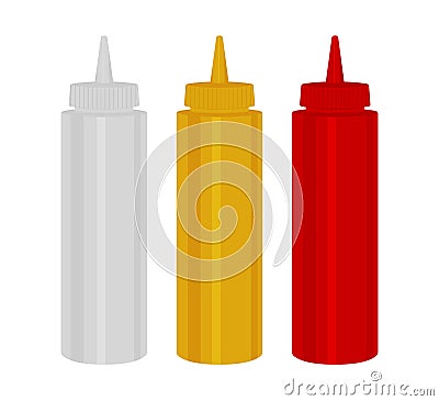 Set Of Condiment Squeeze Bottles, ketchup, Mustard And Mayo Plastic Dispensers Vector Illustration