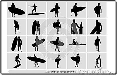 silhouettes of surfers,Black surfers with surfboards vector silhouettes set, Vector Illustration