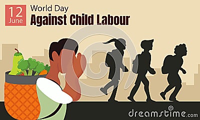 illustration vector graphic of a child worker is sad when he sees other children going to school Vector Illustration