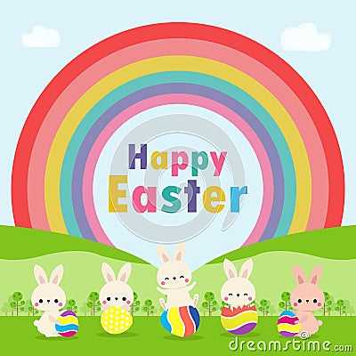 Happy Easter day poster. Little Rabbit Bunny cartoon design with greeting card. Vector Illustration