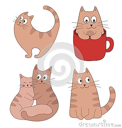 Cute cats collection. Kittens set for greeting card or poster. Cat think, kitten in cup, cats love. Vector concept illustration. Vector Illustration