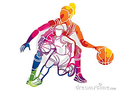 Basketball Team Women Players Action Cartoon Sport Team Graphic Vector Vector Illustration