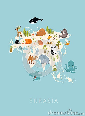 Print. Vector map of Eurasia with animals. Tiger, bear, elephant, squirrel, deer, fox, hare, panda, whale, octopus, shark. Stock Photo