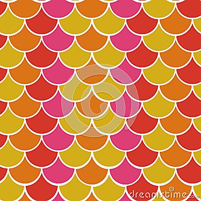 Cute Colorful Mermaid scale seamless pattern in pink, orange, red and green. Vector Illustration