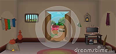 Village poor room inside with door cartoon background, Poor house room interior vector illustrations. Vector Illustration