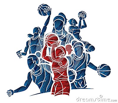 Group of Basketball Women Players Action Cartoon Sport Team Vector Illustration