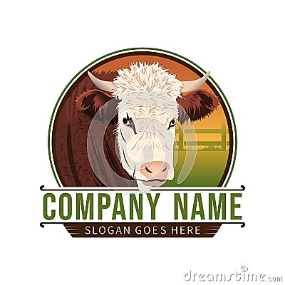 Hereford cattle farm vintage style logo design idea Vector Illustration