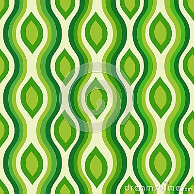 Mid Century Modern ogee ovals seamless pattern with waves in lime green, jade green and emerald green. Vector Illustration