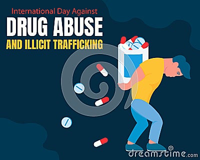 illustration vector graphic of a man holding a bottle filled with prohibited drugs, showing the drugs falling scattered Vector Illustration