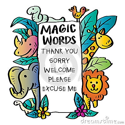 Magic words poster with cute cartoon animals. Stock Photo