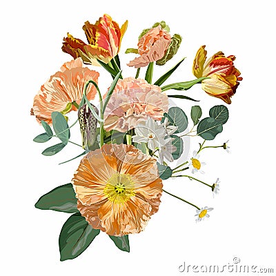 Victorian bouquet. Spring Flowers. Poppy, camomile, tulips, eucalyptus. Cartoon Illustration
