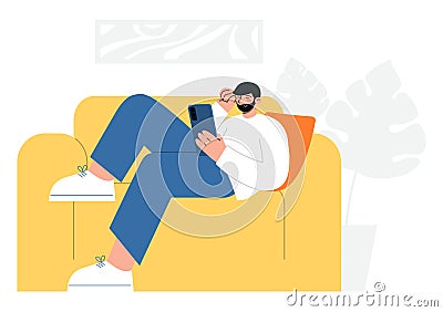 Cute man laying on a sofa and searching internet network with his phone. Flat vector illustration. Vector Illustration