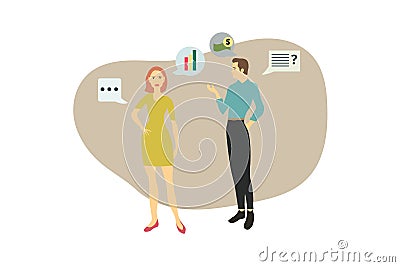 Busy Young Woman and Man Standing and Discussing Work Issues. Conversation, Thoughts, Chart Vector Illustration