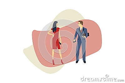 A Woman in a Red Dress and a Man in a Suit with smartphones in hands. Office Workers for Business Infographics Vector Illustration