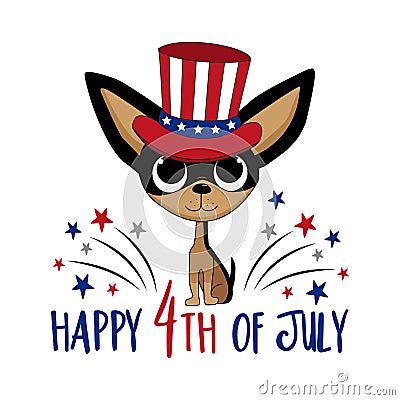 Happy 4th of July - cartoon chihuahua dog in uncle sam hat and with fireworks. Vector Illustration