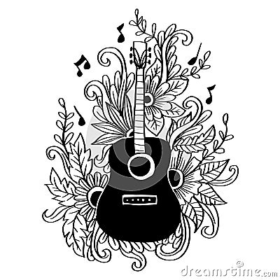 Doodle guitar with floral ornament. Stock Photo