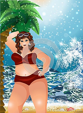 Plus size sexual woman with palm tree on the summer beach Vector Illustration