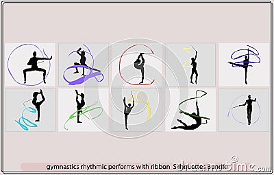 Young gymnast woman dance ribbon silhouette performing rhythmic gymnastics element,Set of rhythmic gymnastics silhouettes Vector Illustration