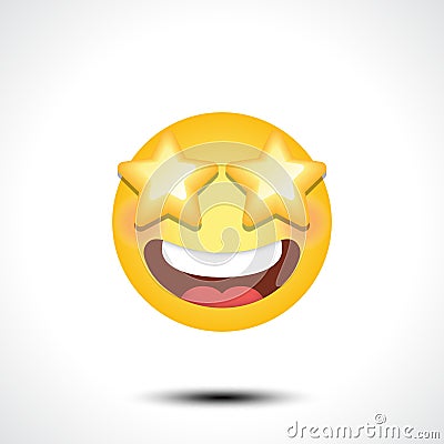 Star Struck Eyes Emoji art illustration design. Excited emoticon face with yellow star shaped eyes and happy wide opened mouth. Vector Illustration