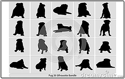 Pug Silhouette,Vector dog breeds silhouettes collection isolated on white,pub vector bundle Vector Illustration