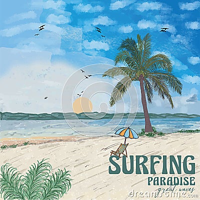 Surfing Paradise Summer Great waves Palm tree, sunset, sunrise, surfboard. Vector Illustration