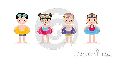 set of children wearing swimming suits and rings, Cute Kids cartoon Pool party characters Vector Illustration