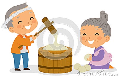 Old Couple Making Mochi Rice Cake Vector Illustration