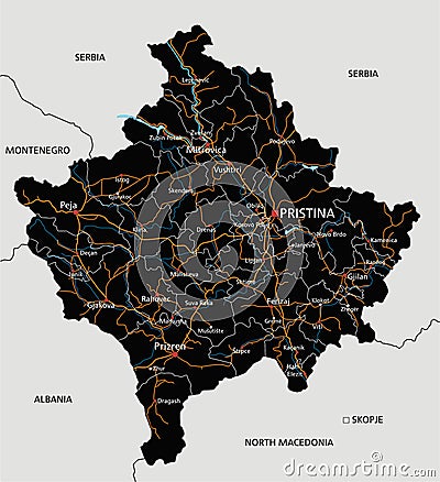 Detailed Kosovo road map with labeling. Vector Illustration