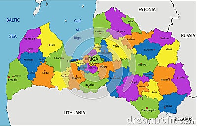 Colorful Latvia political map with clearly labeled, separated layers. Vector Illustration