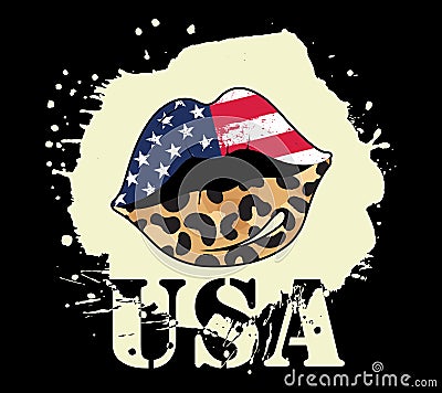 Patriotic leopard print lips, Lipstick kiss with USA flag and animal print texture, USA t-shirt design Vector Illustration