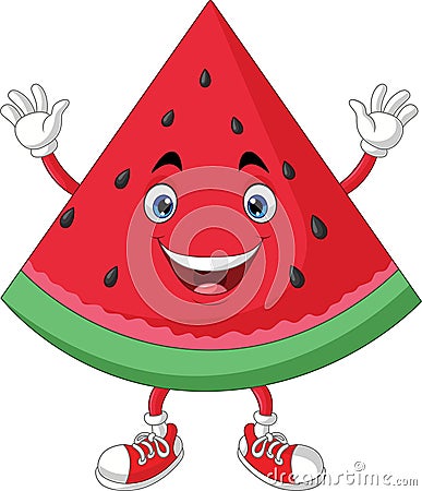 Cute watermelon cartoon raising hands Vector Illustration