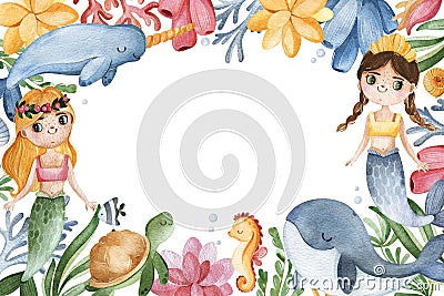 Watercolor frame border with seaweeds,sea creatures,little mermaids and corals.Underwater collection Stock Photo