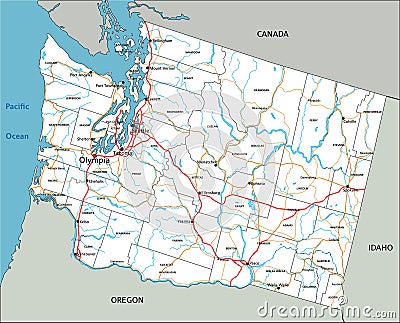 Detailed Washington road map with labeling. Vector Illustration