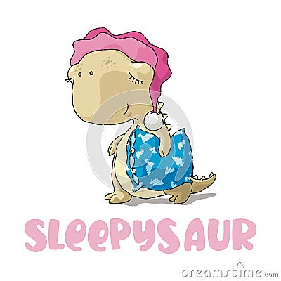 Cute little sleepyhead dinosaur with blue pillow Vector Illustration