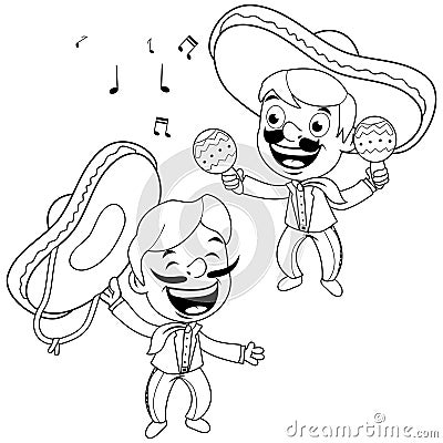 Mexican mariachi men playing the maracas and singing. Vector black and white coloring page. Vector Illustration