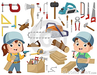 Set of cute carpenter elements cartoon Vector Illustration