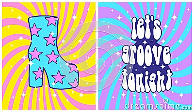 Colorful Groovy Retro 70s Style Vector Prints with Disco Boot. Vector Illustration