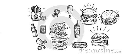 Doodle burger fastfood line art element clipart Vector Illustration