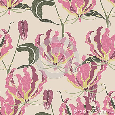 Tropical Leaves and Floral Background - Pink Fire Lily tropical Flowers - Seamless Pattern. Stock Photo