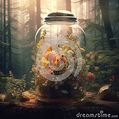 A glass jar terrarium filled with many flowering plants Stock Photo