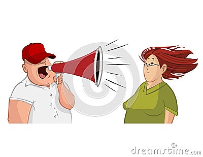 fat guy yelling at a woman with a megaphone Vector Illustration