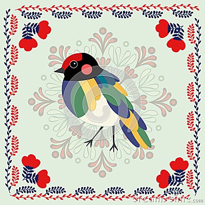 folklore bird with patterns and flowers made in the style of folklore on a light green background. graphics Stock Photo