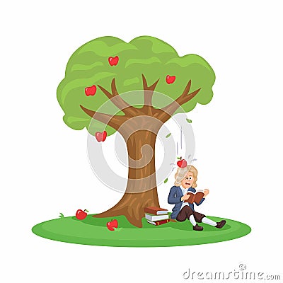 Isaac Newton Sitting Under A Tree And Was Hit By An Apple. Gravity Theory Discoverer Cartoon illustration Vector Vector Illustration