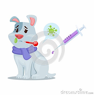 Sick Dog Infected With Virus Bacteria And Medicine Syringe. Animal Healthcare Symbol Cartoon Vector Vector Illustration