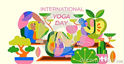 Illustration for International Yoga Day. Women do yoga in a group, meditate, spend time on themselves. Vector Illustration